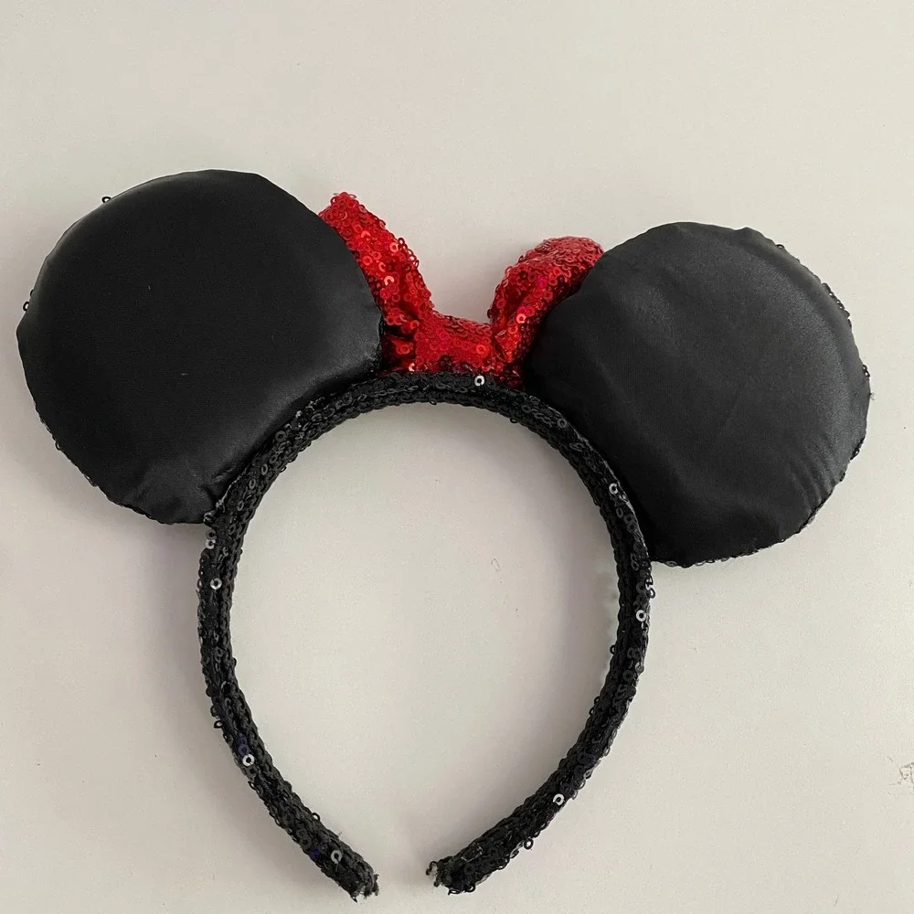 Disney Minnie Mouse Headband Women OS Black Red Sequin Ears‎ Bow